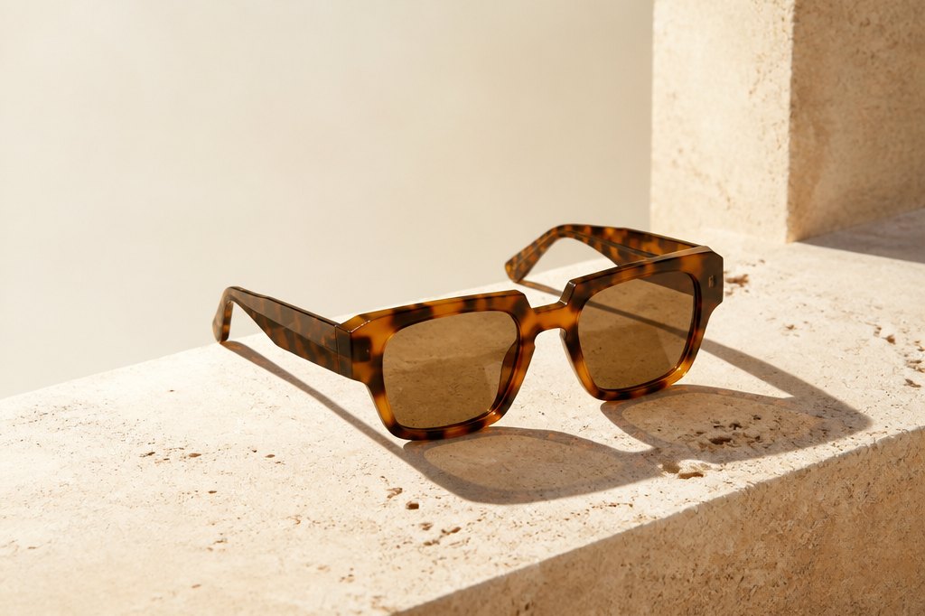 Honey tortoise sunglasses on travertine in hard sun