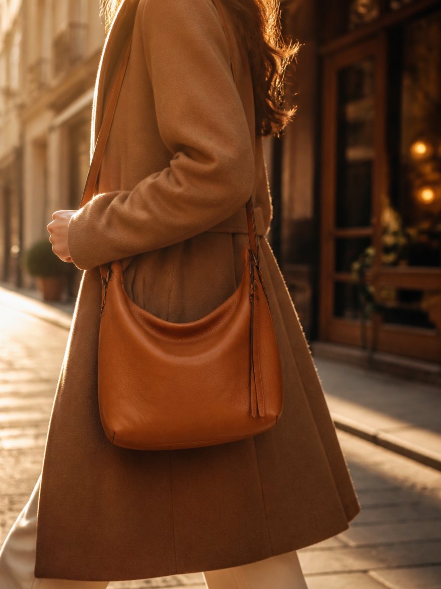 Tan leather shoulder bag carried on a city street