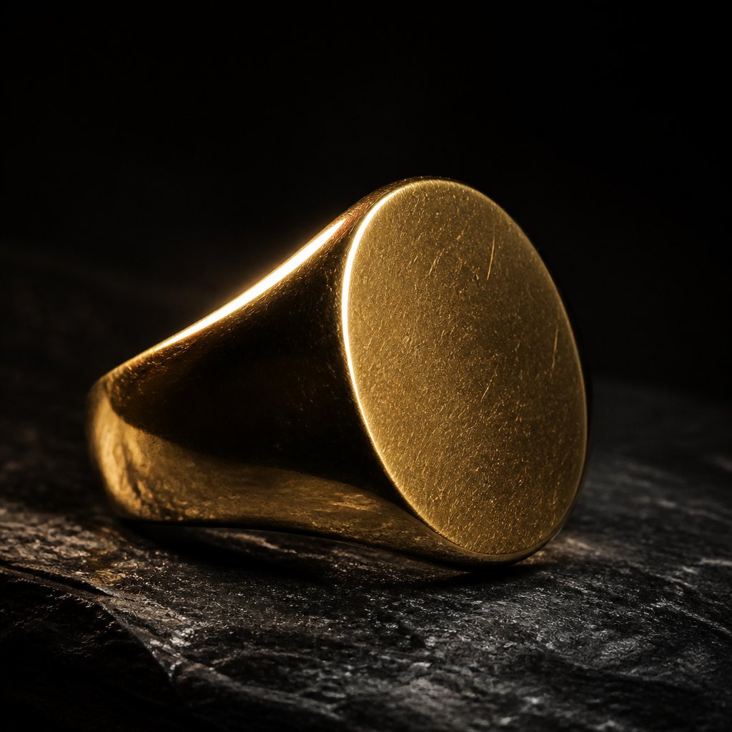 Macro of a gold signet ring on dark slate