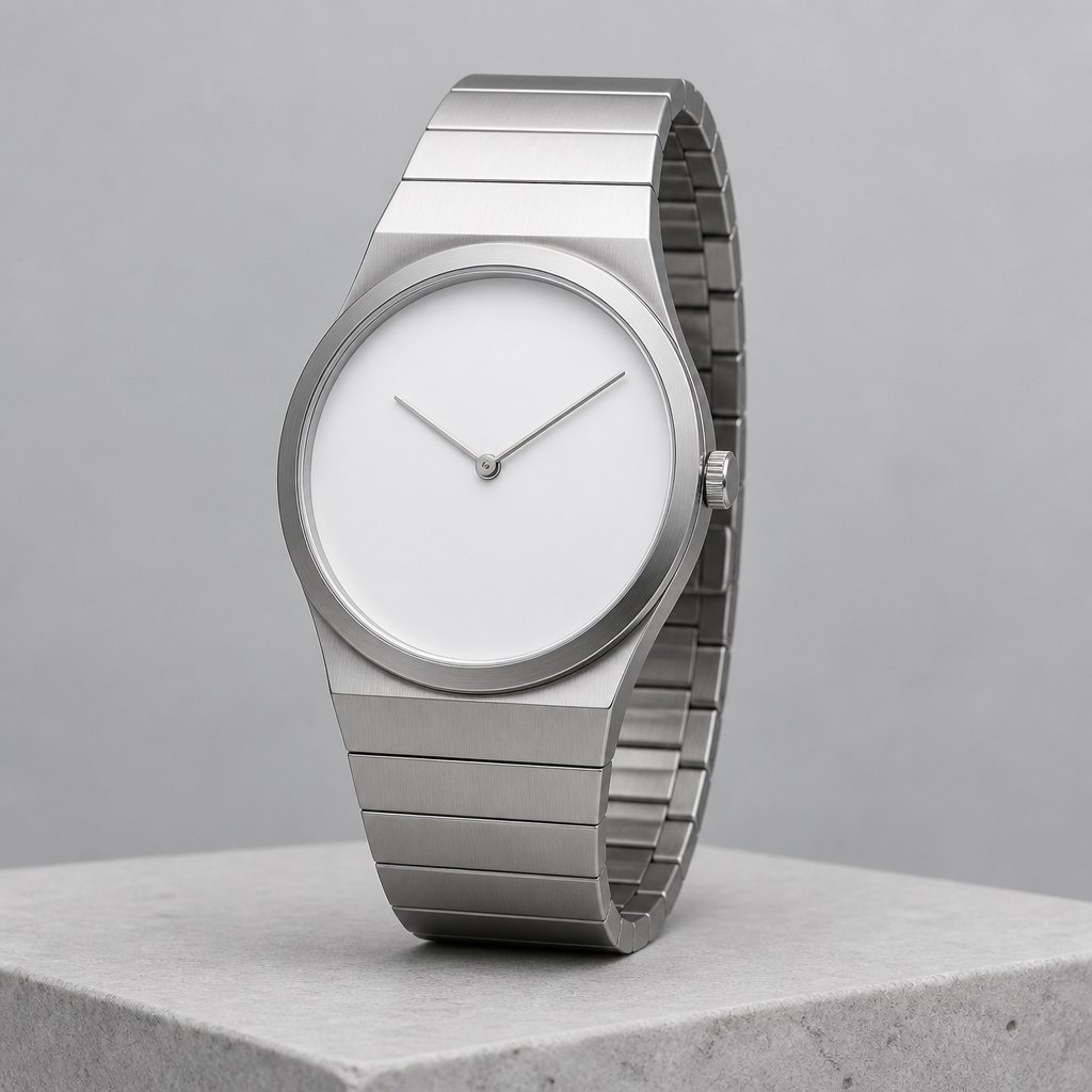 Minimal steel watch on a pale stone plinth