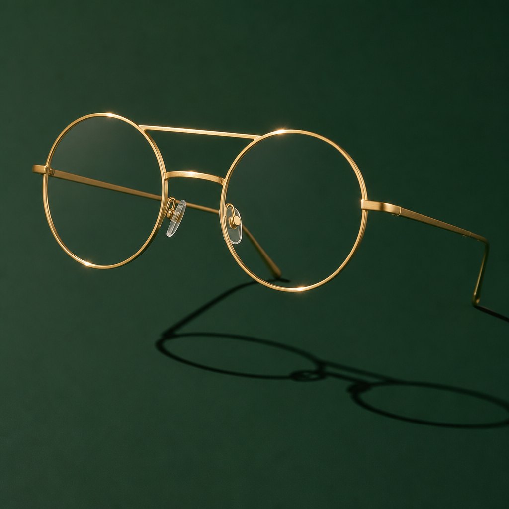Gold wire-rim optical frames on deep green