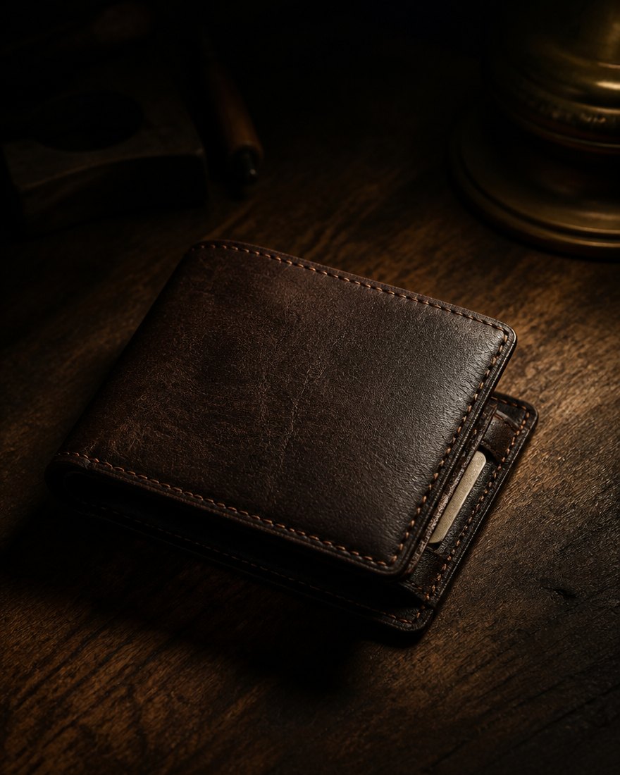 Brown leather wallet on a walnut surface, single hard light