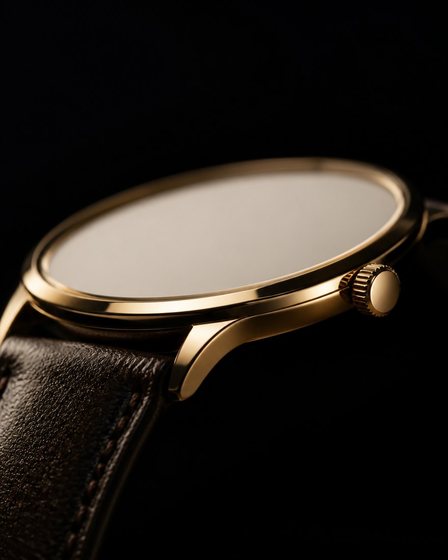 Low angle macro of a gold dress watch case